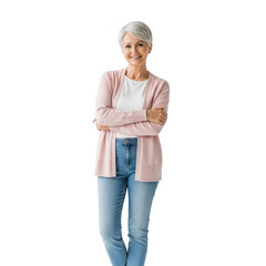 Elderly woman with white hair smiling arms crossed isolated on transparent background
