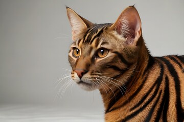 Toyger Cat with Bold Striped Coat and Amber Eyes on White Background