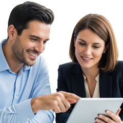 Smiling man and woman looking at a tablet computer isolated on transparent background
