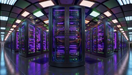 A row of server racks in a data center with purple lights, concept for cloud computing infrastructure, big data processing and network security