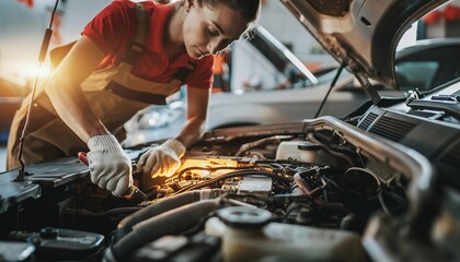 Focused female mechanic repairing car engine in garage with open hood, concept for vehicle maintenance, automotive diagnostics and roadside assistance
