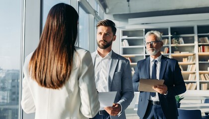 Fototapeta premium Three business people discussing project in modern office, two executive managers with supervisor evaluating project concept for teamwork strategy, leadership growth and human resources management