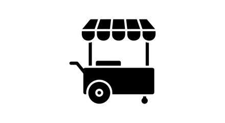 Black silhouette of a food cart with awning and wheels