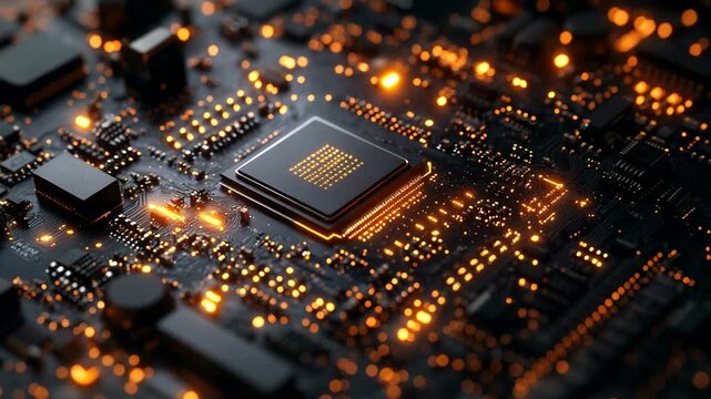 Close-up of a glowing microchip on a circuit board
