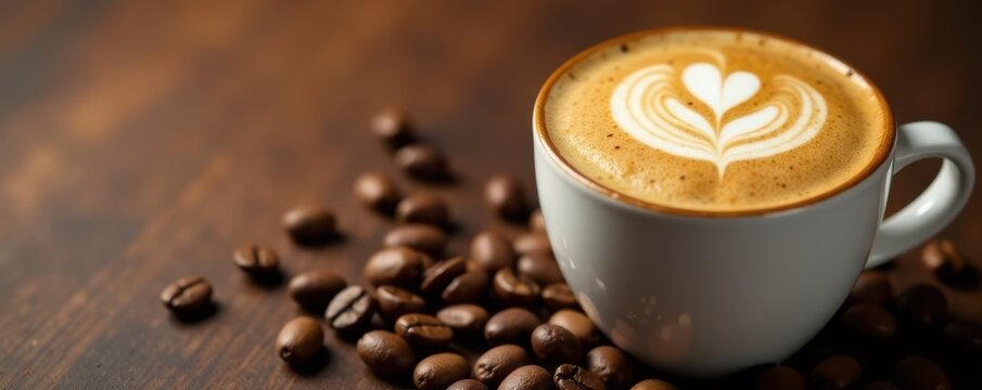 Creamy cappuccino close-up, coffee beans scattered on brown textured background , aroma, energy, beverage