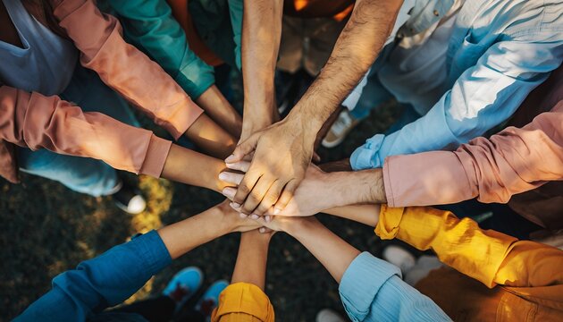 Diverse group hands stacked together symbolizing collaboration and unity from above eye level shot, concept for teamwork, partnership and corporate success