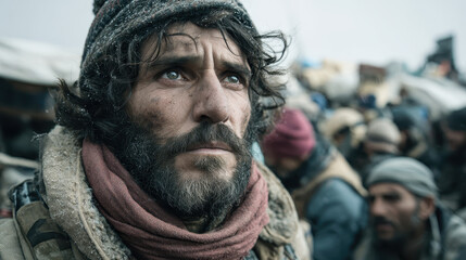 Fototapeta premium Man with weathered face and intense gaze wearing a knit hat and scarf standing outdoors in cold weather with blurred crowd in the background during winter season survival situation