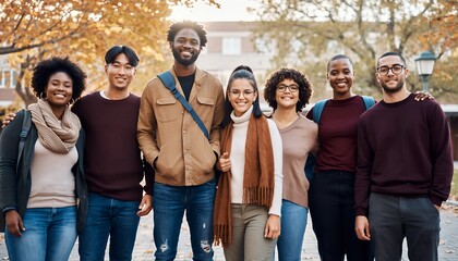 Fototapeta premium Diverse group of cheerful students standing outdoors on campus in autumn season posing for the camera, concept for university life, academic success and college recruitment, Multiethnic scholars team