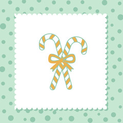 A charming hand-drawn illustration of two festive candy canes tied with a golden bow on a cute green polka dot background