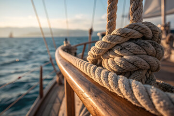 Fototapeta premium Nautical ropes close-up on sailboat deck