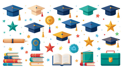 Graduation vector elements featuring graduation caps, books, stars