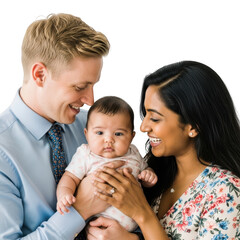 Happy parents holding their baby isolated on transparent background