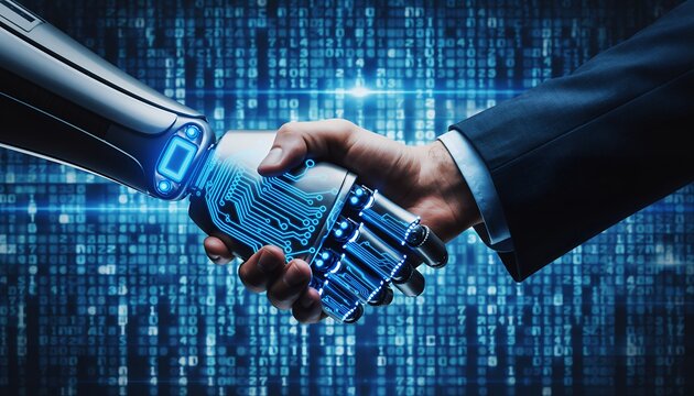 Close-up of a robotic and human hand shaking in front of a digital binary code background, concept for artificial intelligence integration, technological advancement and future collaboration
