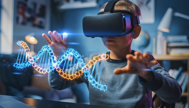 Young boy wearing VR headset interacts with a glowing DNA strand in a room, concept for future education, scientific discovery and digital learning