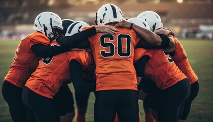 American football team in a huddle, back view in their orange uniform with white helmets, concept for team motivation, sportsmanship and group collaboration