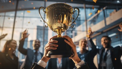 Executive hands lifting golden trophy among cheering colleagues with confetti rain, concept for corporate achievements, business leadership and organizational success