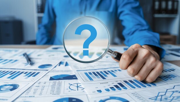 Analyst's hand holds magnifying glass over business reports with question mark reflecting in the lens, concept for financial analysis auditing and strategic planning, business problem solving