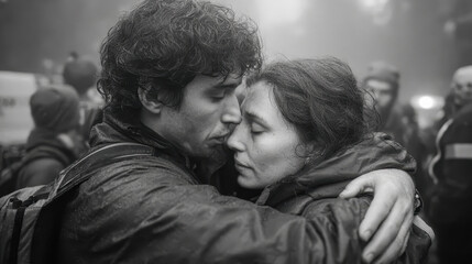 Couple embracing closely with eyes closed outdoors in rainy weather wearing rain jackets, intimate moment between two people surrounded by blurred crowd in grayscale setting