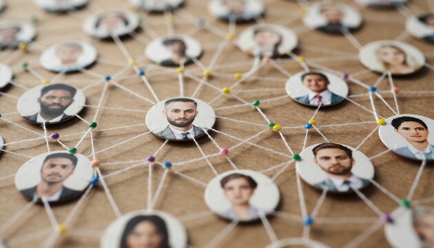 Diverse people's photos connected with threads and pins, concept for global network, social media integration and organizational chart of company's employee as a project manager