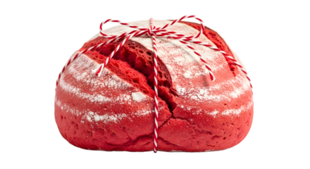 Gift - Close-up of a red macaron tied with a red and white string on white background, ideal for bakery and dessert themes