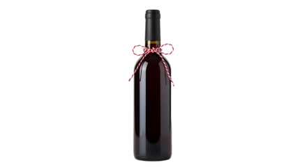 Gift - Elegant dark red wine bottle with decorative red and white bow tied around the neck isolated on white background, perfect for holiday gift ideas