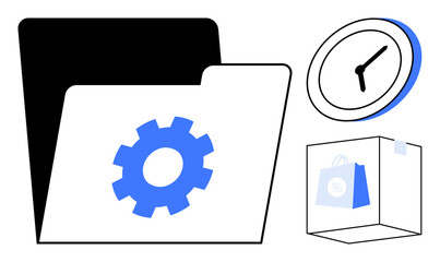 Folder with gear symbol, clock, and a box with a shopping bag illustrate organization, productivity, time management, e-commerce, logistics, process optimization, and digital tools in a simple flat
