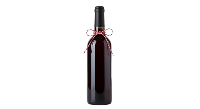Gift - Elegant dark red wine bottle with decorative red and white bow tied around the neck isolated on white background, perfect for holiday gift ideas