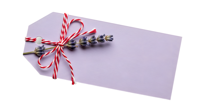 Gift - Empty lavender gift tag with red and white striped ribbon and dried lavender sprig on white background, perfect for presents and craft projects