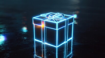 Bright Neon Gift Box with Glowing Ribbon on Reflective Background
