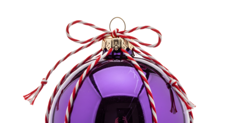Gift - Purple Christmas bauble ornament with red and white striped ribbon, festive holiday decoration for Christmas trees and winter celebrations