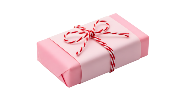 Gift - Pink wrapped gift box with red and white striped twine bow isolated on white background, perfect for birthdays and anniversaries