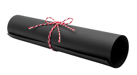 Gift - Black rolled diploma tied with red and white string on white background, graduation certificate concept, perfect for education and achievement themes