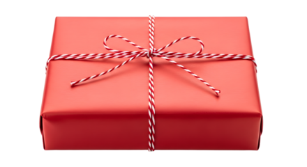 Gift - Red gift box with white and red striped ribbon bow isolated on white background, perfect for birthday gifts or holiday presents
