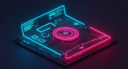 Isometric 3D render of a futuristic neon glowing terminal with screen displays showing abstract technology, concept of future digital interface, platform, and network communication