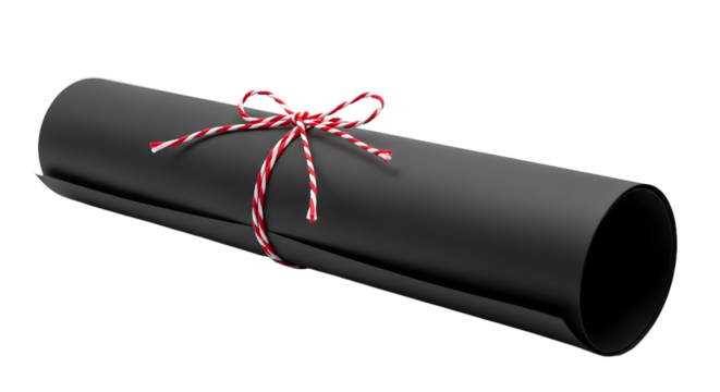 Gift - Black rolled diploma tied with red and white string on white background, graduation certificate concept, perfect for education and achievement themes