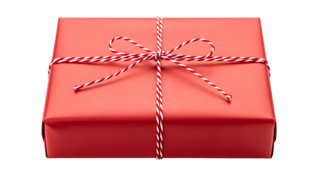 Gift - Red gift box with white and red striped ribbon bow isolated on white background, perfect for birthday gifts or holiday presents