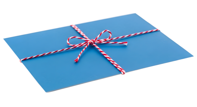 Gift - Blue envelope with red and white striped twine bow, isolated on white background, perfect for invitations or greeting cards