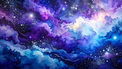 和紙に広がる銀河の水彩アート 深い藍と紫の幻想的な宇宙背景