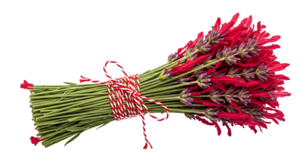 Gift - Bundle of dried lavender flowers tied with red and white string isolated on white background, perfect for aromatherapy and rustic decoration