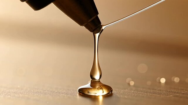 Close-up macro shot of thick, golden-brown hot glue or adhesive slowly dripping from the black nozzle of a glue gun onto a shiny surface in a studio