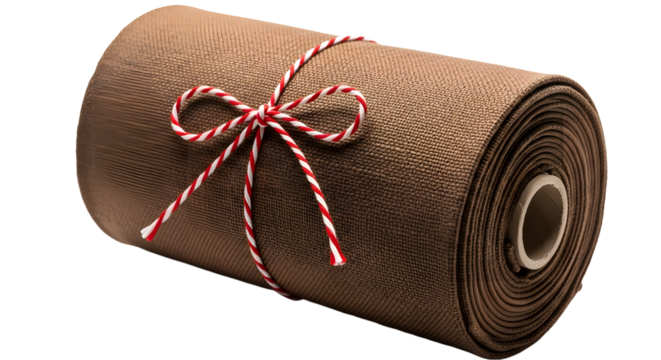 Gift - Roll of brown kraft paper tied with red and white string on white background, ideal for packaging or craft projects