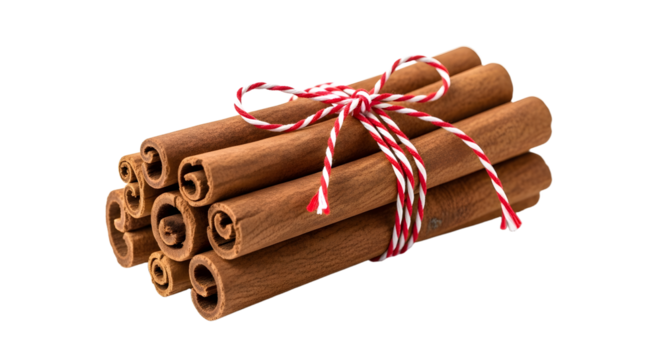 Gift - Bundle of cinnamon sticks tied with red and white string isolated on white, perfect for cooking and holiday decoration
