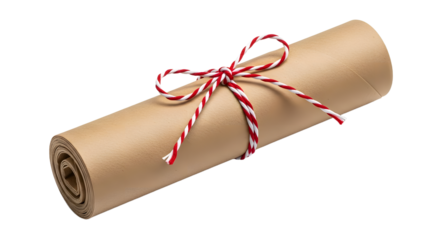 Gift - Rolled brown parchment paper tied with red and white striped string on white background, perfect for gift wrapping or crafts