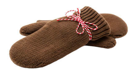 Gift - Cozy brown knitted mittens with a red and white striped bow tied around the cuffs, warm winter gloves perfect for cold weather