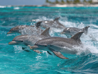 Naklejka premium Pod dolphins swimming rapidly together in clear turquoise ocean water near tropical island coastline under bright sunlight with splashing waves and energetic motion