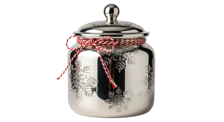 Gift - Silver metal cookie jar with snowflake design and red twine bow, perfect for winter holidays and festive kitchen decoration