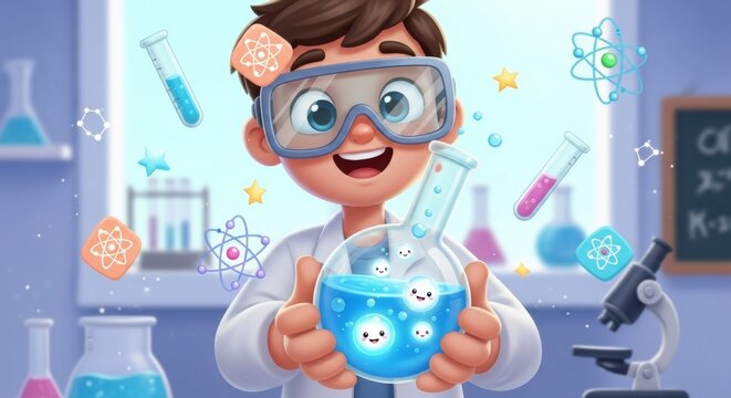 Young male scientist child exploring fun chemistry experiments in a colorful lab