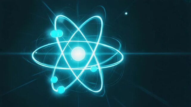 Glowing Blue Atom Model Animation. Quantum Physics, Nuclear Energy, and Scientific Research Concept.