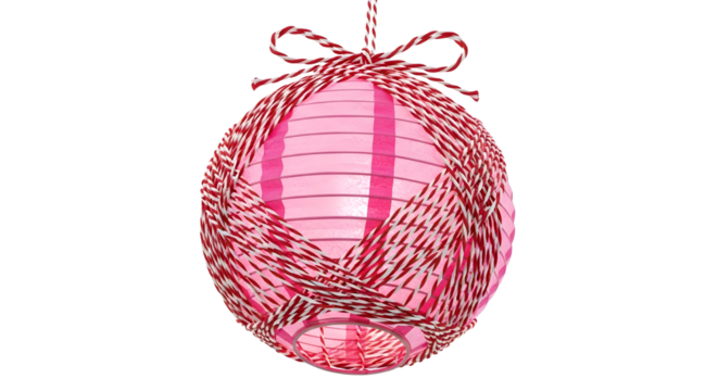 Gift - Decorative pink and white striped spherical lantern wrapped with red and white twine string, perfect for parties and festive decorations