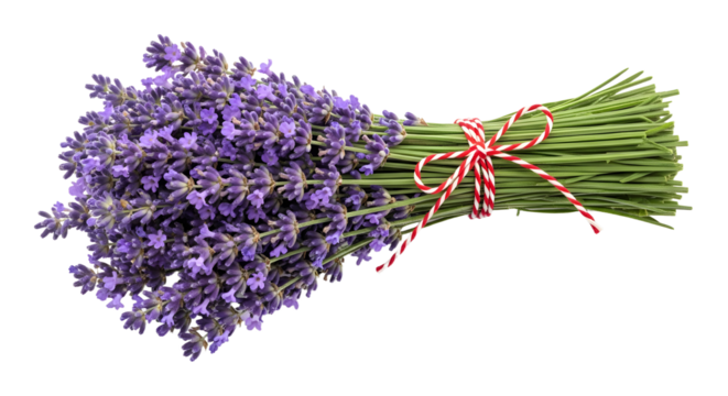 Gift - Fresh bundle of purple lavender flowers tied with red and white striped string isolated on white, perfect for natural decor and aromatherapy